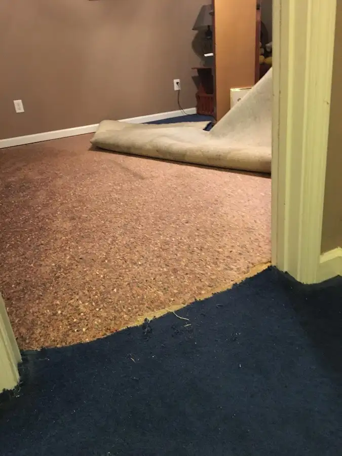 Carpet pad removal revealing water damage during Water Mitigation Services in Coral Hills